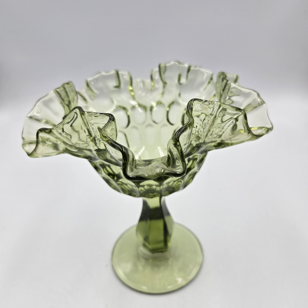 VTG Fenton Glass Thumbprint Pedestal Candy Dish Compote Green #4429‎ Ruffle Edge